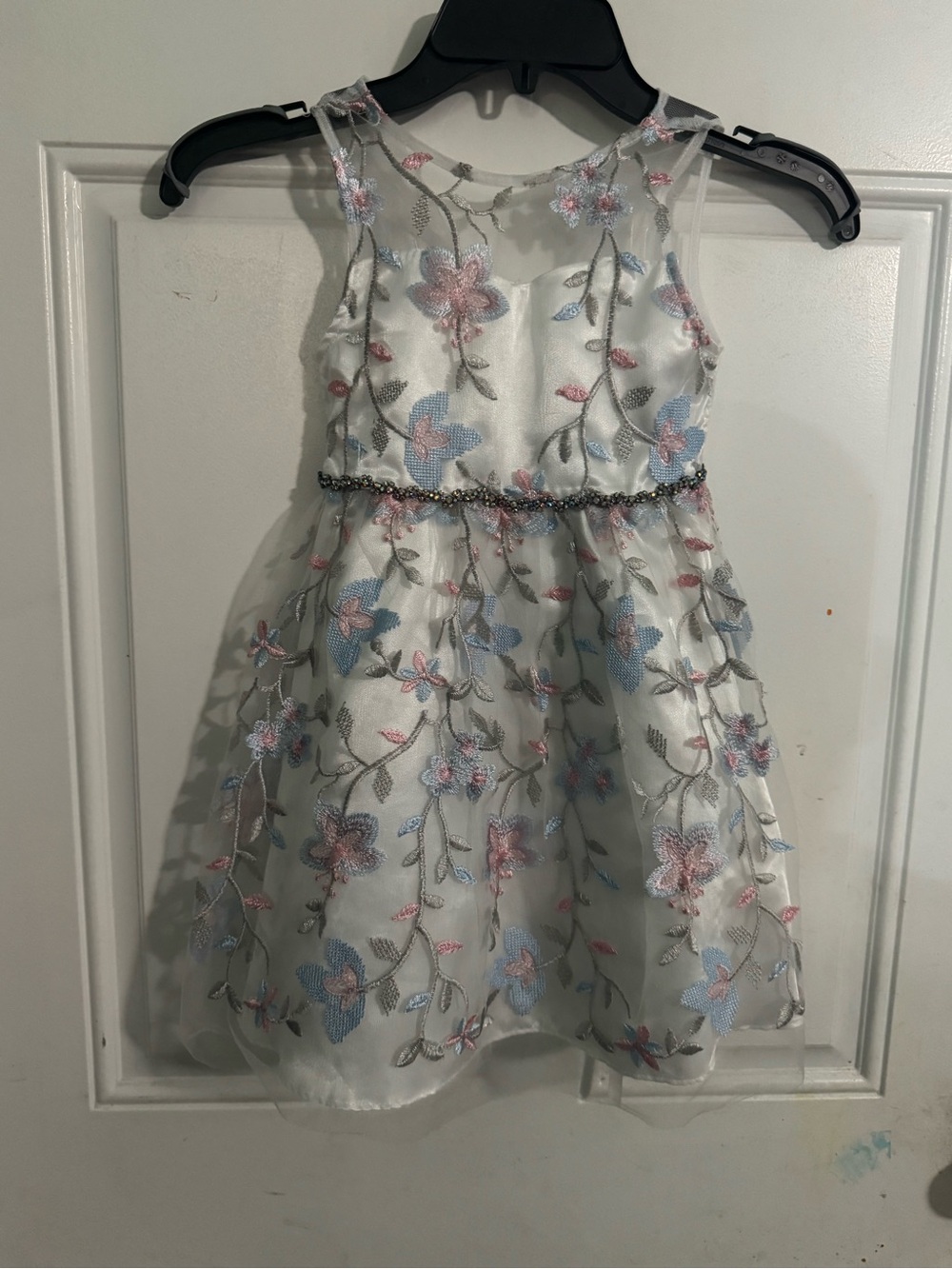 Rare Editions White Tulle Dress with Pink and Blue Floral Embroidery